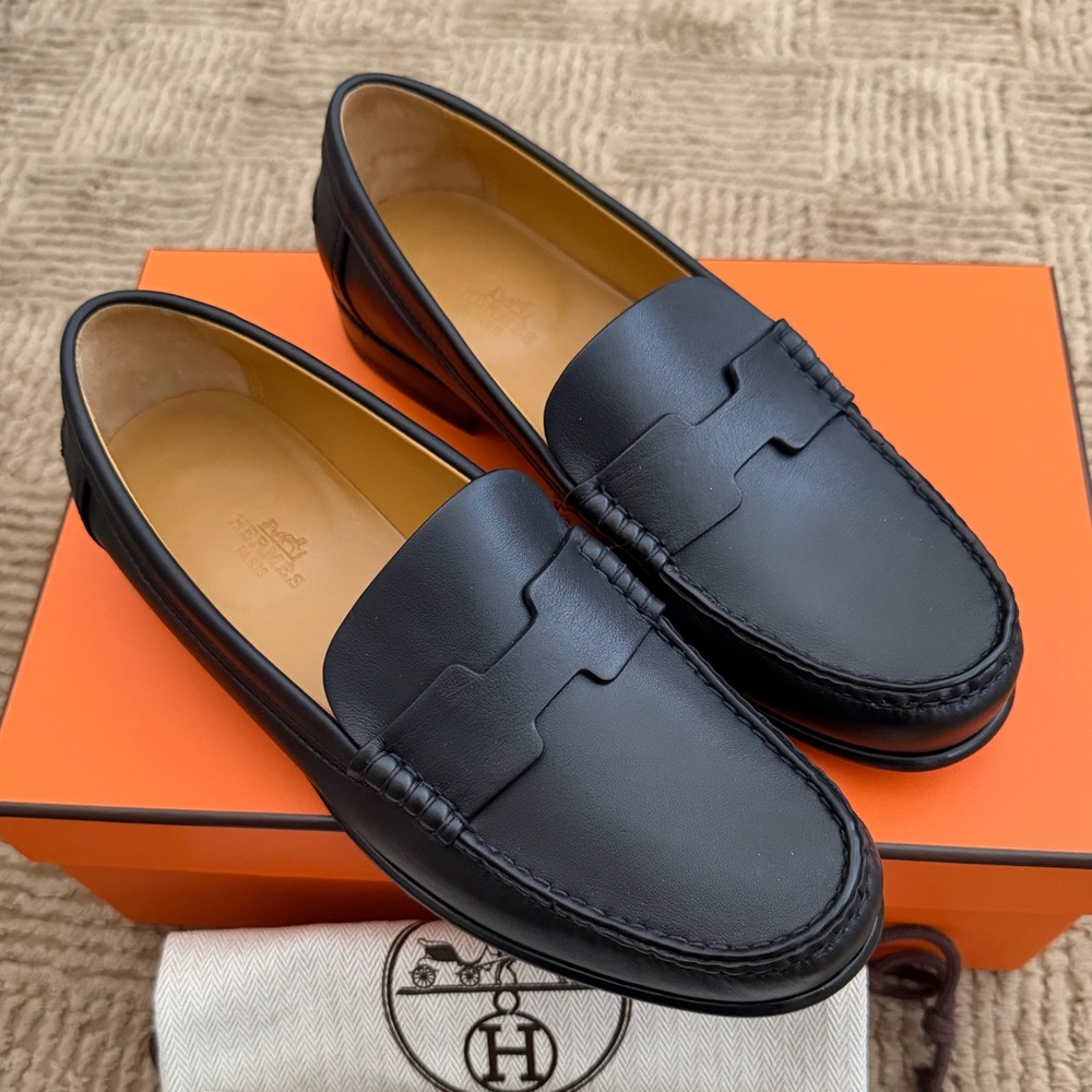 Hermes Women Kennedy Black Leather Moccasin Loafer Flat sz 37.5 NEW 7-7.5